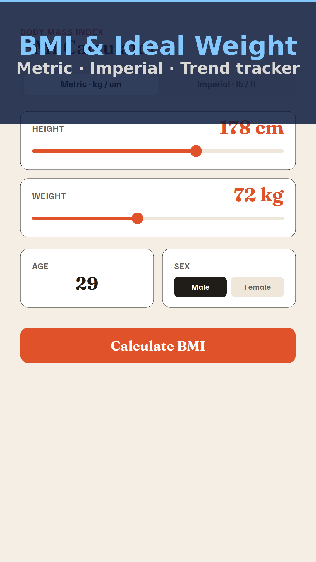 Écran de l'application BMI and Ideal Weight sur fond crème, avec un curseur HEIGHT réglé sur 178 cm et un curseur WEIGHT sur 72 kg en orange, un champ AGE à 29, une bascule Male ou Female, et un bouton orange Calculate BMI
