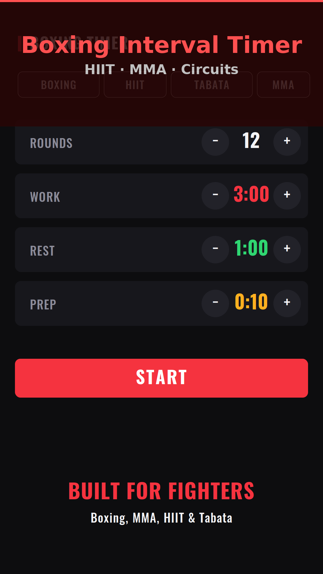 Écran de l'application Boxing Interval Timer sur fond noir, sous-titré HIIT, MMA, Circuits, avec les lignes ROUNDS réglée sur 12, WORK sur 3:00, REST sur 1:00 et PREP sur 0:10, chacune encadrée de boutons moins et plus, au-dessus d'un large bouton rouge START