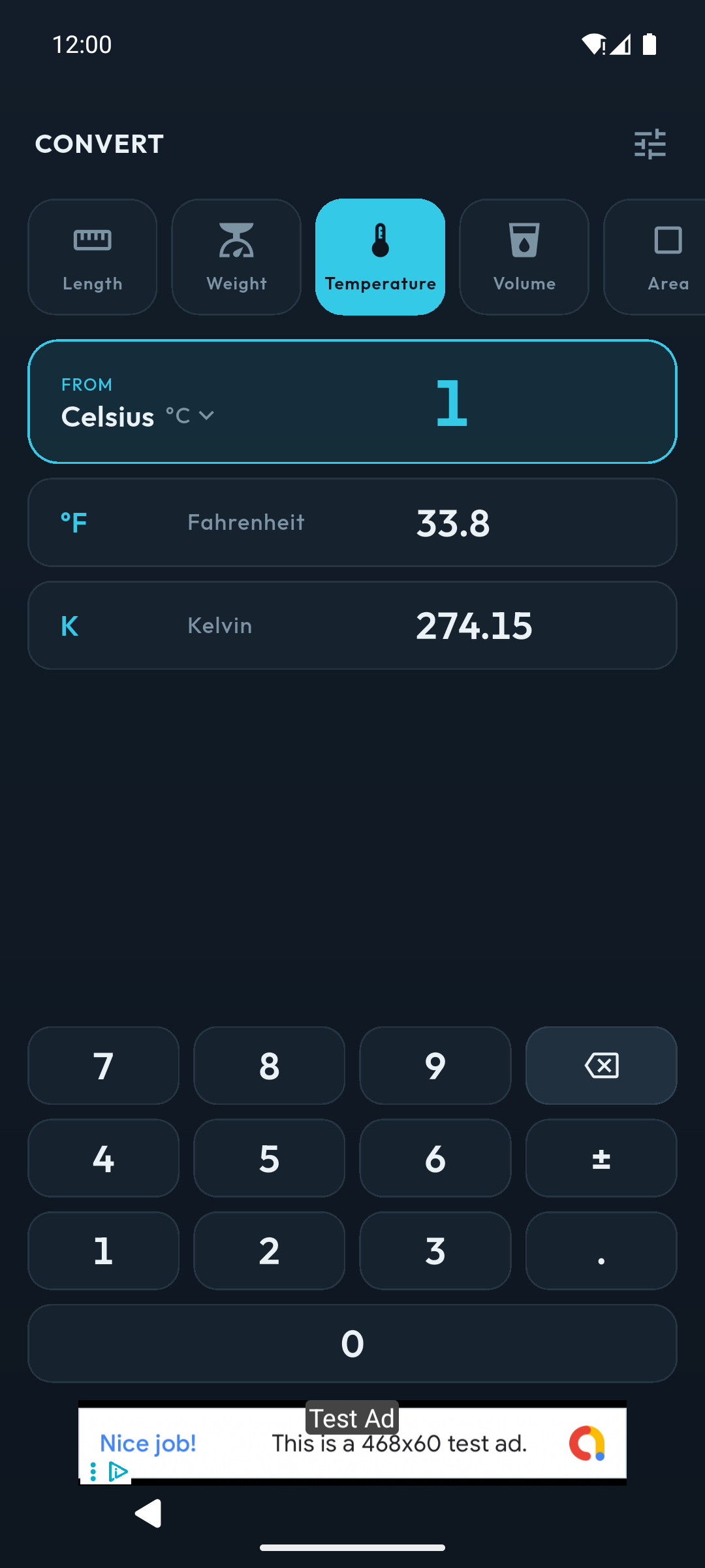 Second écran de la même application, onglet CONVERT avec une rangée d'icônes Length, Weight, Temperature, Volume et Area, montrant une conversion depuis Celsius réglé sur 1 vers 33.8 Fahrenheit et 274.15 Kelvin