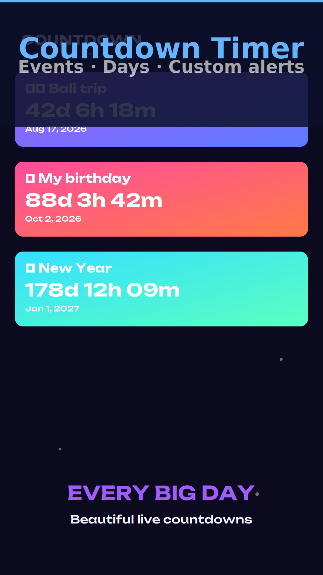 Écran de l'application Countdown Timer sur bleu nuit, sous-titré Events, Days, Custom alerts, avec des cartes empilées dont une en dégradé rose et orange indiquant My birthday dans 88 jours 3 heures 42 minutes et une turquoise indiquant New Year dans 178 jours 12 heures 09 minutes