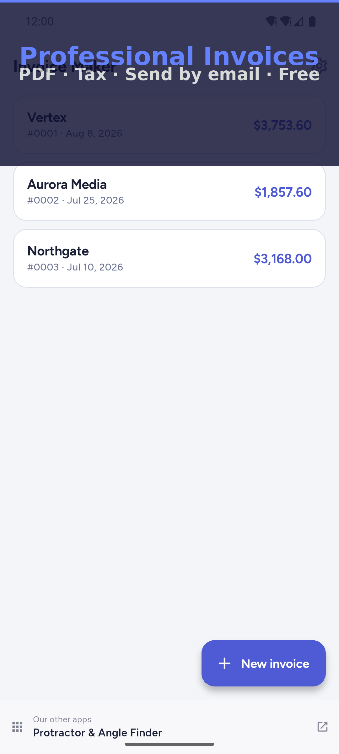 Écran de l'application Professional Invoices, avec le sous-titre PDF, Tax, Send by email, Free, et une liste de factures : Vertex à 3 753,60, Aurora Media numéro 0002 à 1 857,60, Northgate numéro 0003 à 3 168,00, sous un bouton bleu New invoice