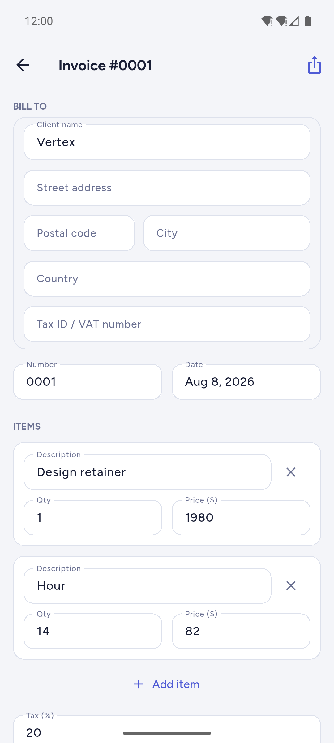 Formulaire d'édition de facture de la même application, intitulé Invoice numéro 0001, avec un bloc BILL TO dont le champ Client name porte Vertex et les champs adresse, code postal, ville, pays et numéro de TVA restent vides, une date au 8 août 2026, puis une section ITEMS listant Design retainer en quantité 1 à 1980 et Hour en quantité 14 à 62, sous un lien Add item