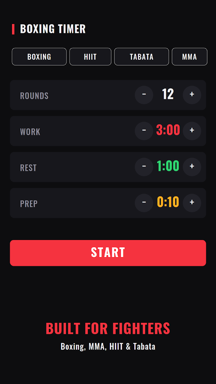 Ecran de minuteur de boxe sur fond noir, avec quatre onglets Boxing, HIIT, Tabata et MMA, des reglages a 12 rounds, 3:00 de travail, 1:00 de repos et 0:10 de preparation, et un grand bouton rouge Start