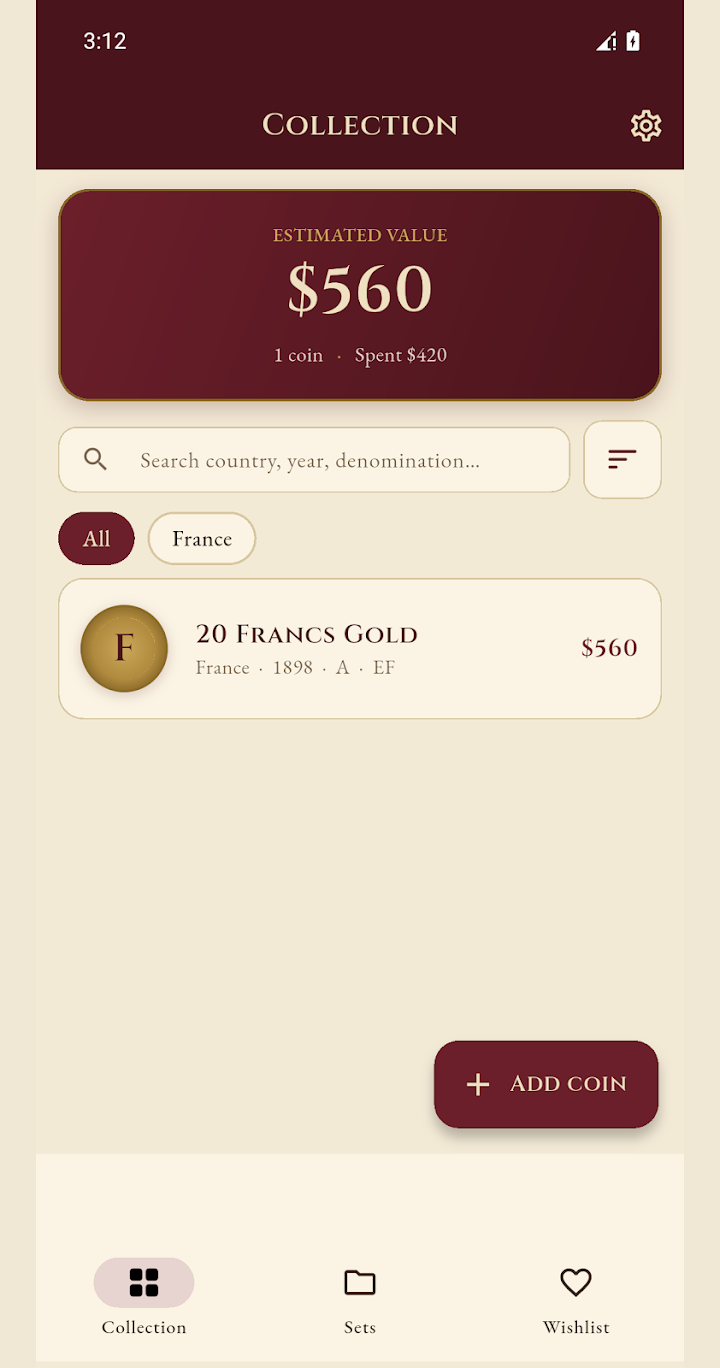 Ecran de collection de pieces sur fond creme, avec un bandeau bordeaux affichant une valeur estimee de 560 dollars pour une piece, une barre de recherche, et une entree 20 Francs Gold datee de 1899